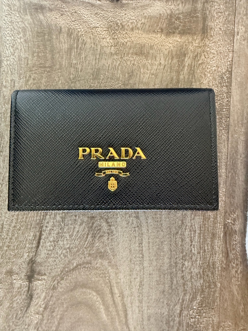 Prada Black Saffiano Leather Card Case with Gold Logo